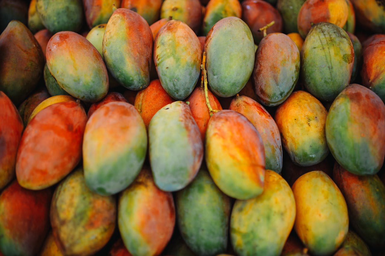 Home A vibrant collection of ripe mangoes showcasing their colorful natural hues.